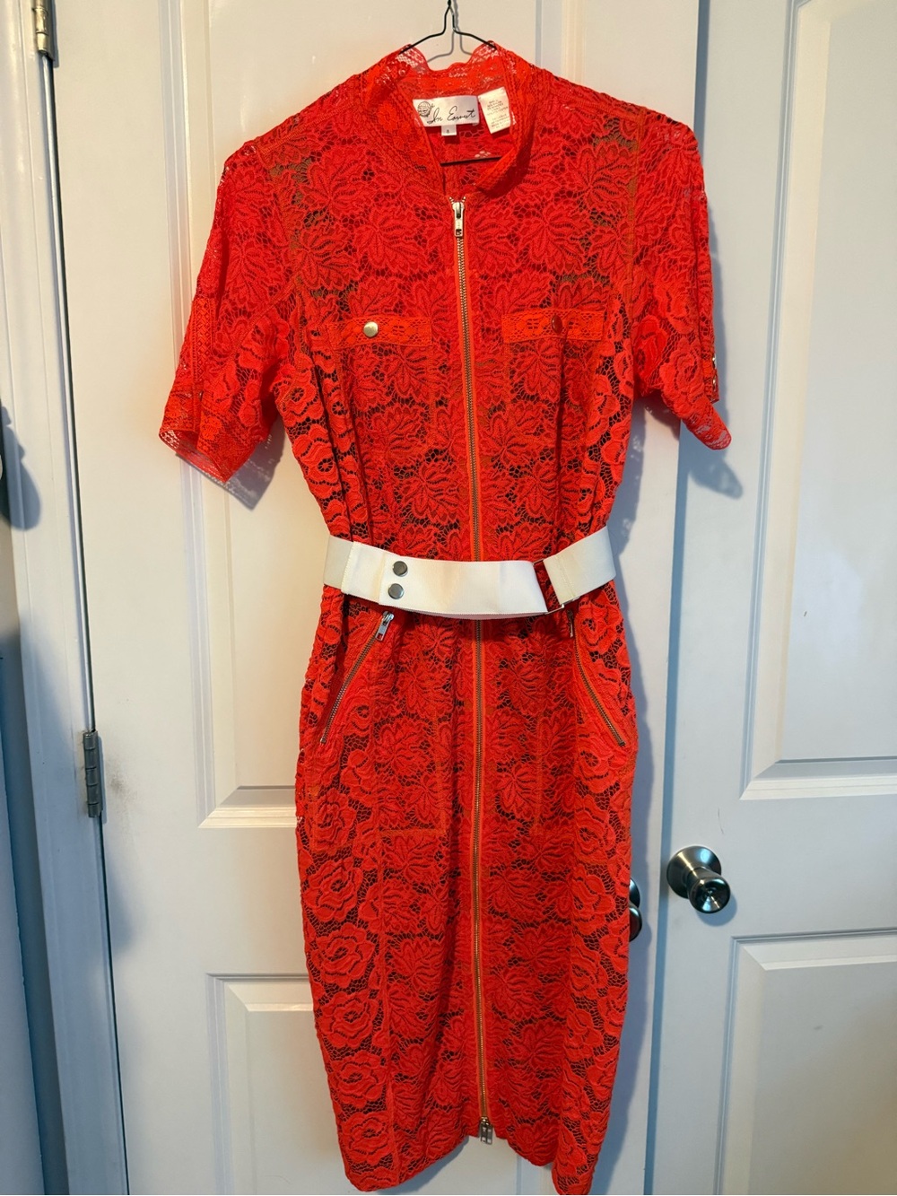 Red Lace Zip-Front Dress with White Belt